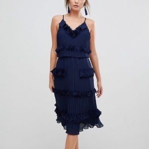 TD navy blue pleated ruffle frill Dress M NWT